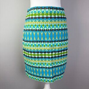 J. Crew Pencil Skirt Geometric Print Blue Green Yellow Womens